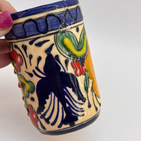 Handmade Mexican Talavera Pottery Highball Glasses Tumblers Set of 2 Floral - Picture 3 of 7